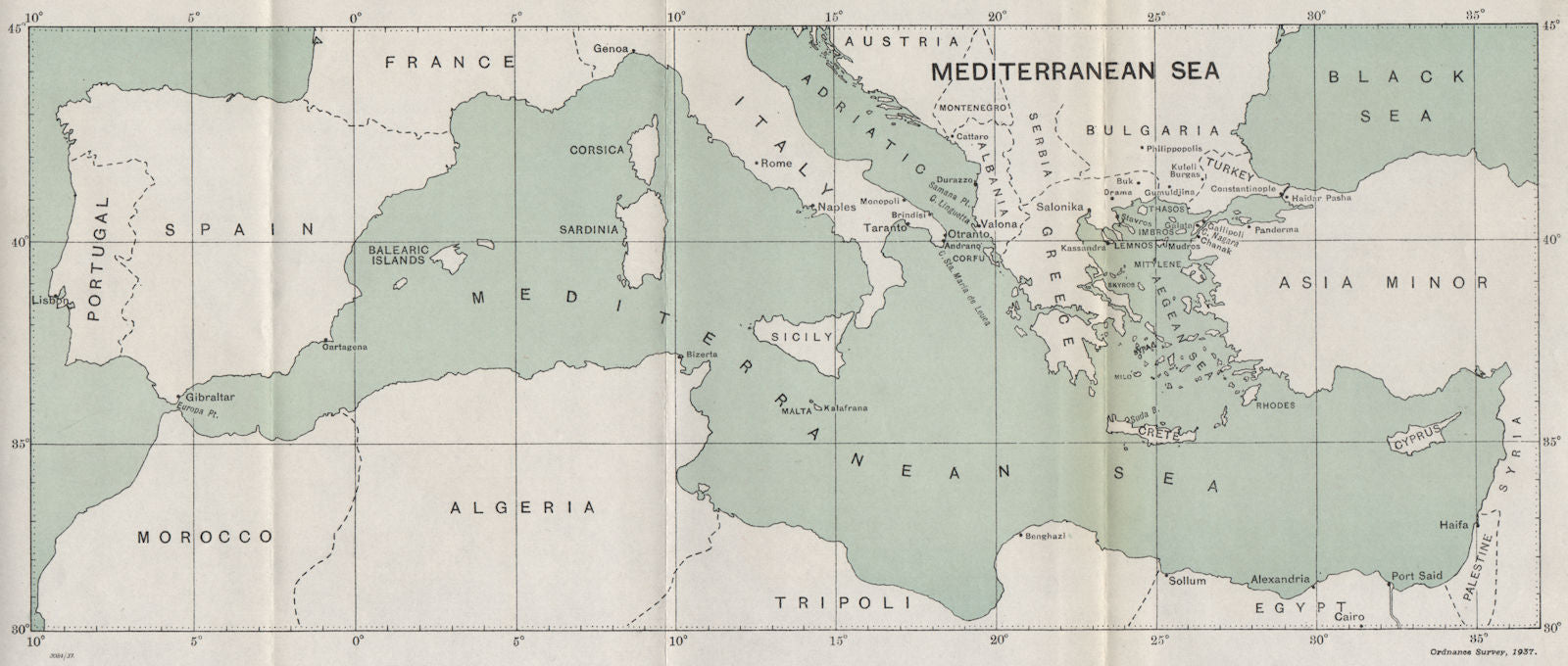FIRST WORLD WAR. Mediterranean/Aegean Sea. Theatres of operations 1937 old map